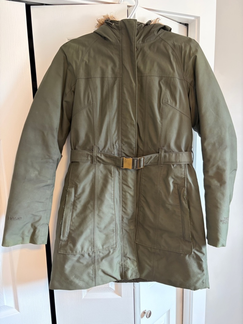 The North Face Olive Green Hooded Parka with Waist Belt